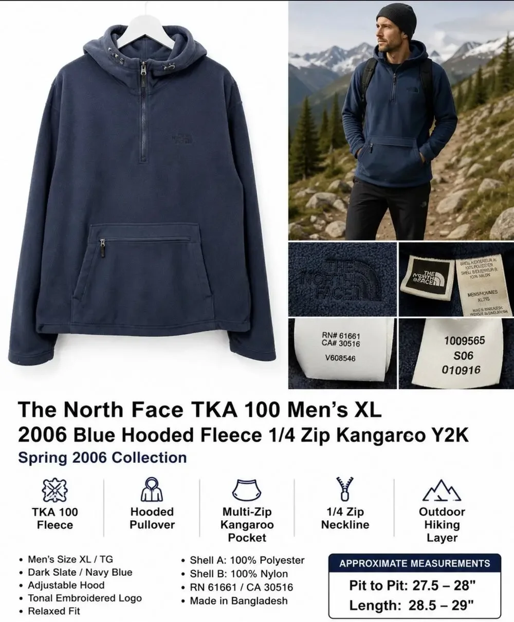 The North Face TKA 100 Men’s XL 2006 Blue Hooded Fleece 1/4 Zip Kangaroo Y2K